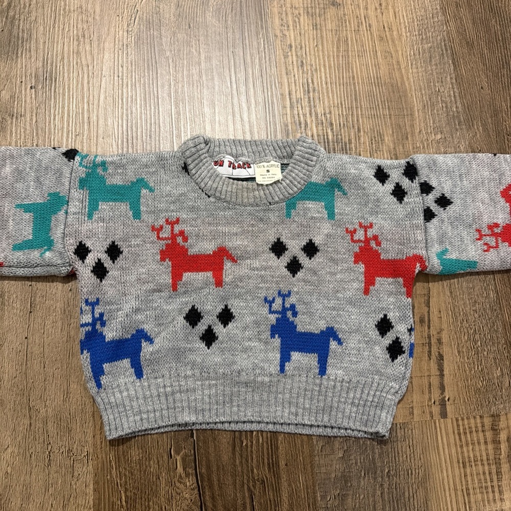 Vintage 80s On Track Boys Small Gray Reindeer Sweater 100% Acrylic Made In Italy